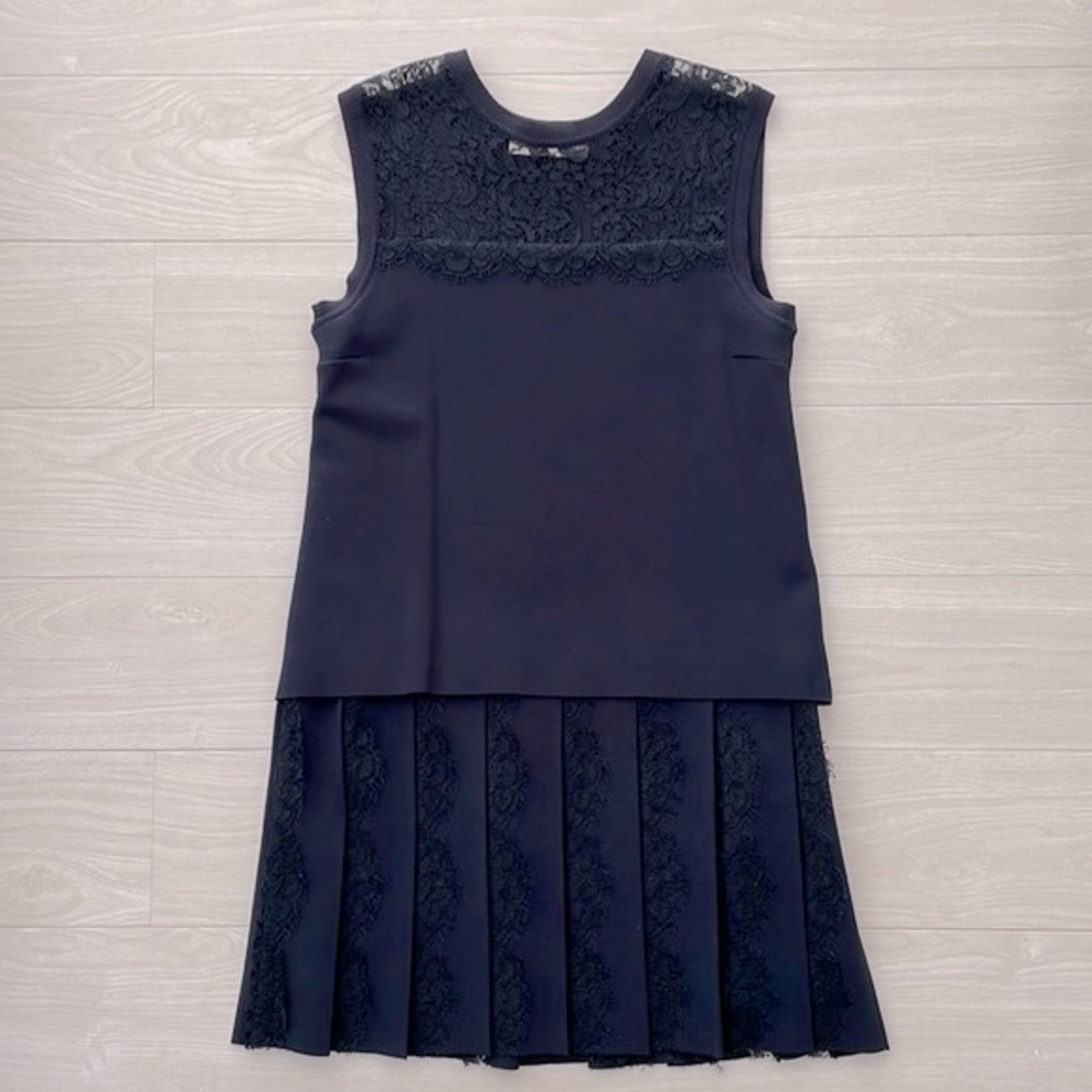 Valentino Navy Lace Panel Stretch Knit Dress w/ Lace Trim Pleated Skirt